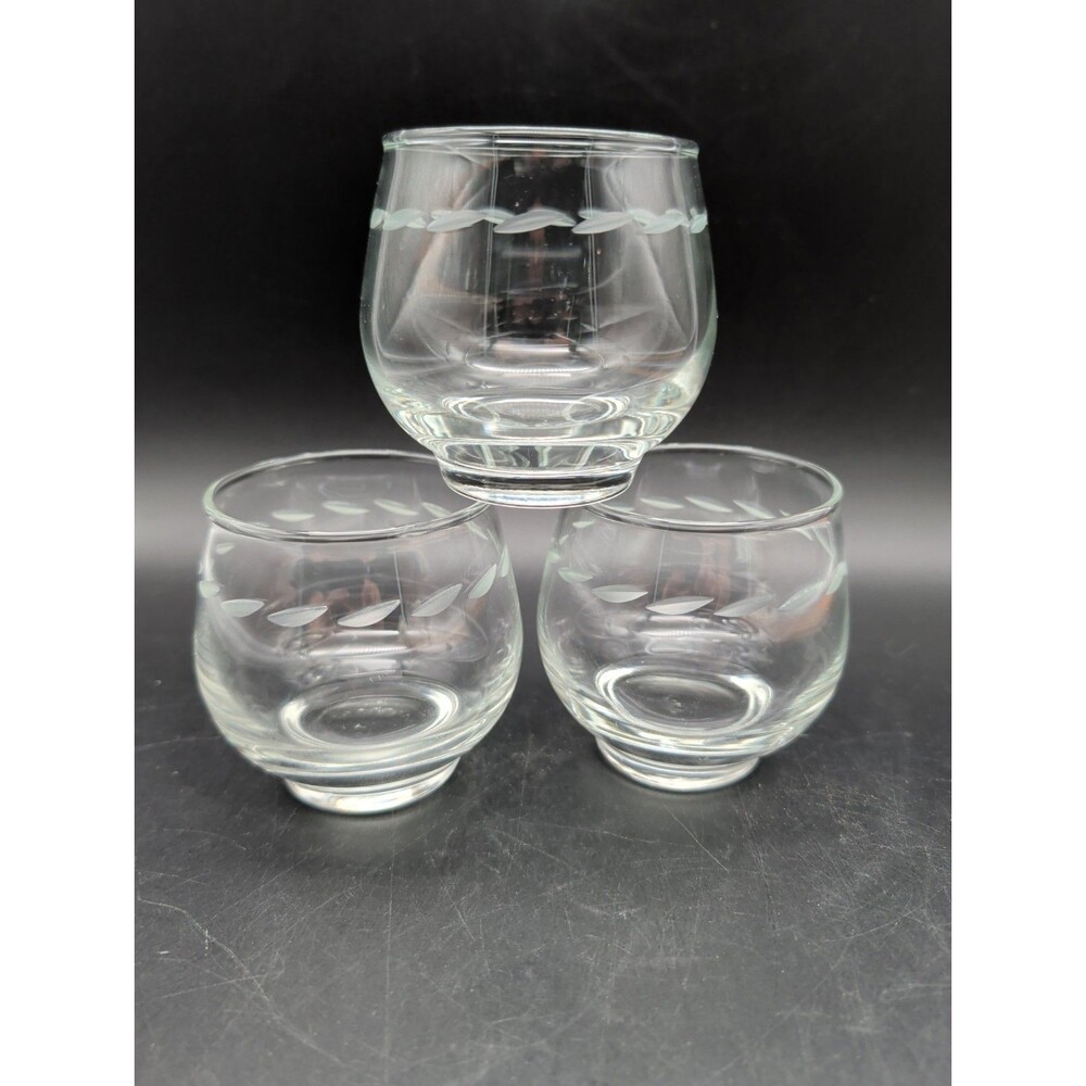 Vtg Libbey MCM  Etched Laurel Leaf Roly Poly Whiskey Cognac Snifter Set Of 3